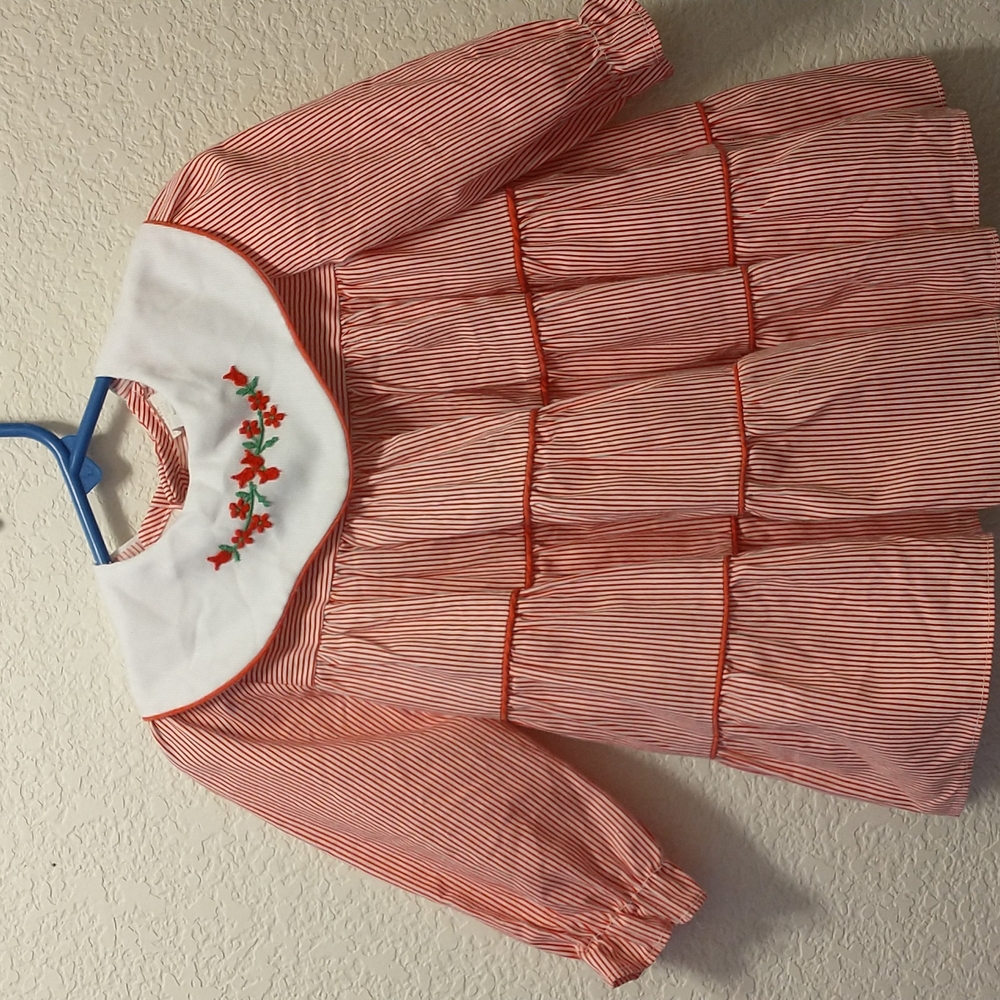 Roanna toddler baby dress, red and white stripes with red flowers on collar